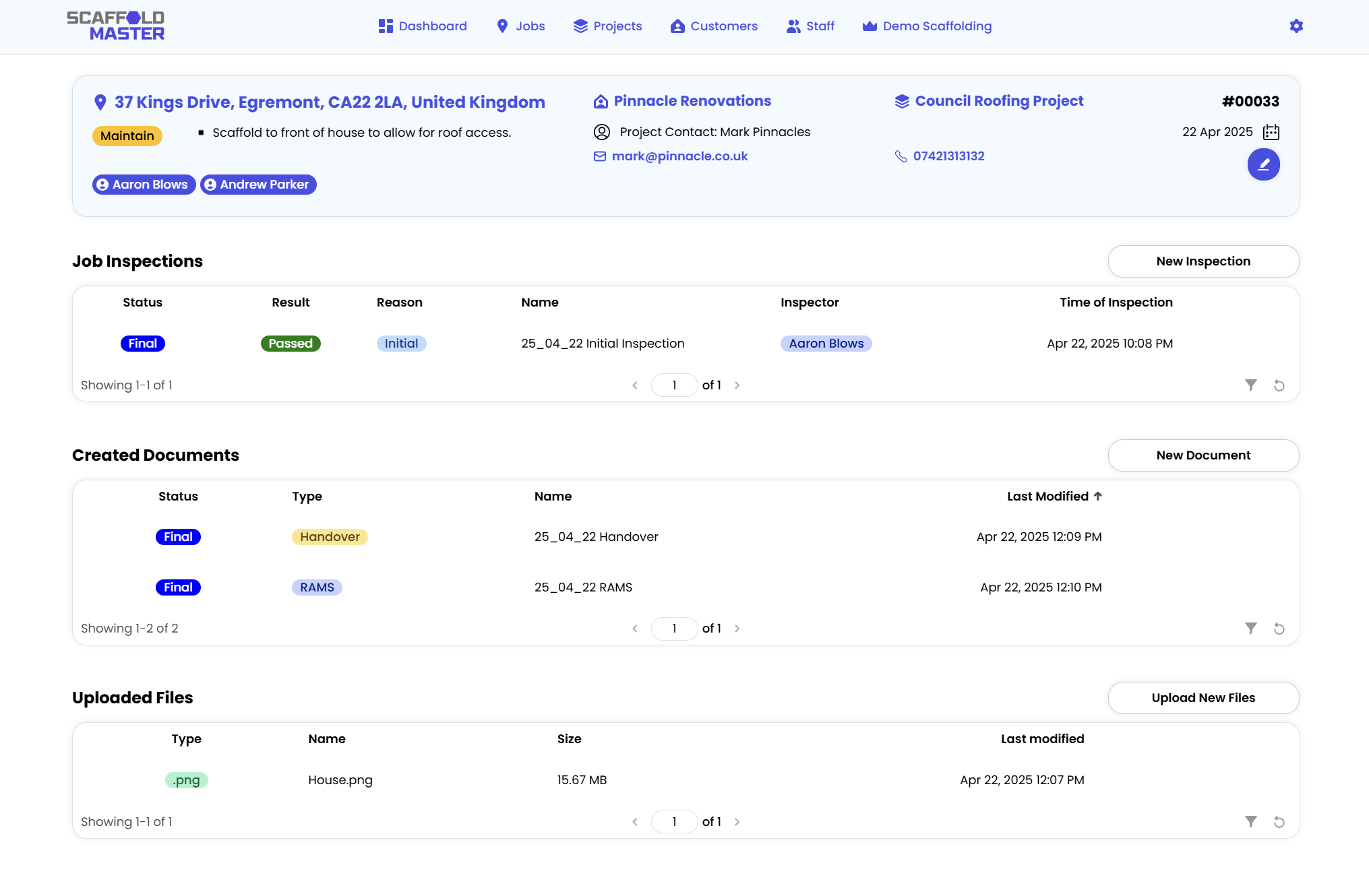 Clearly track all features of a job and contact the project or customer with ease