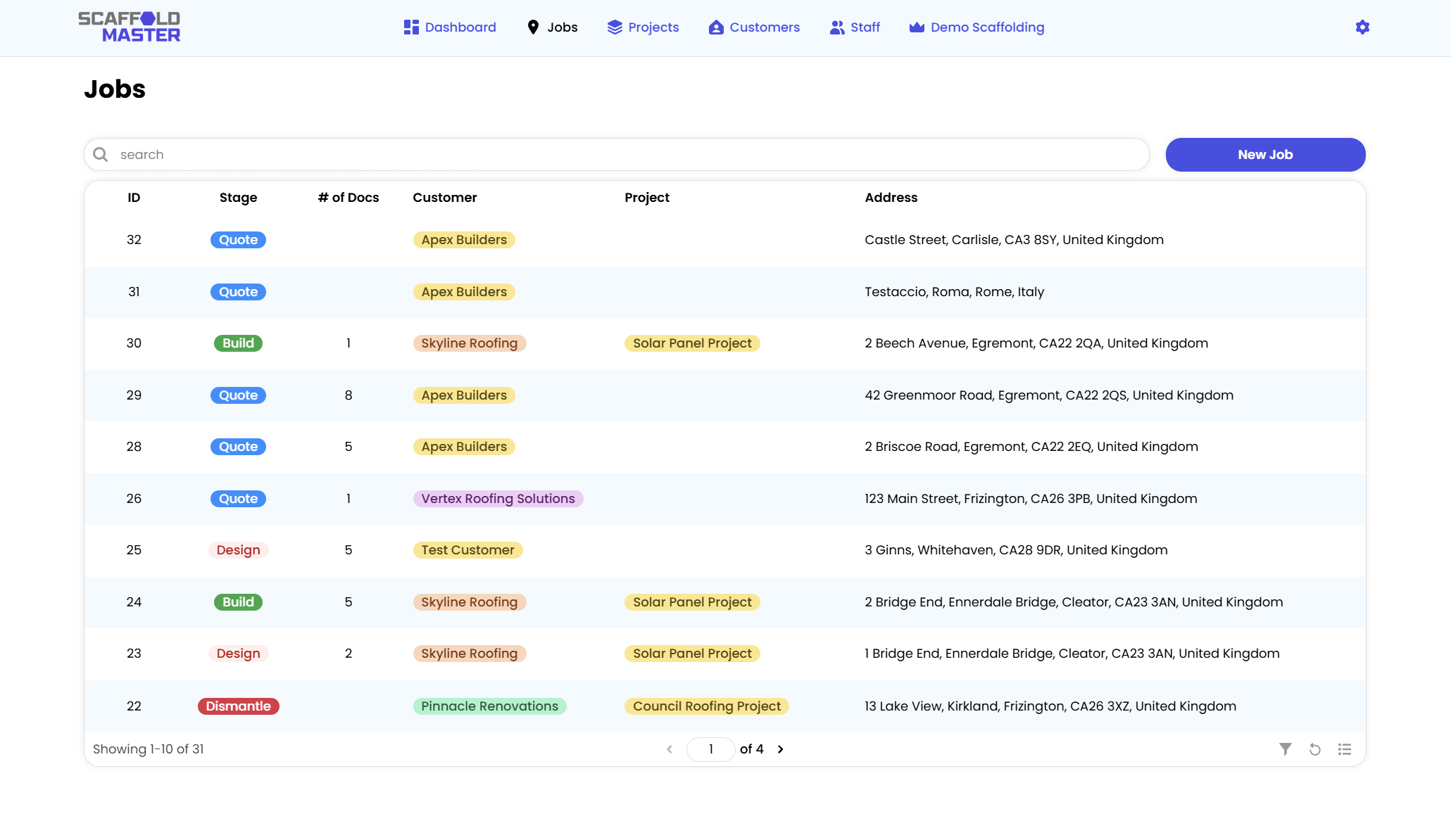 Jobs list overview showing all jobs and their status